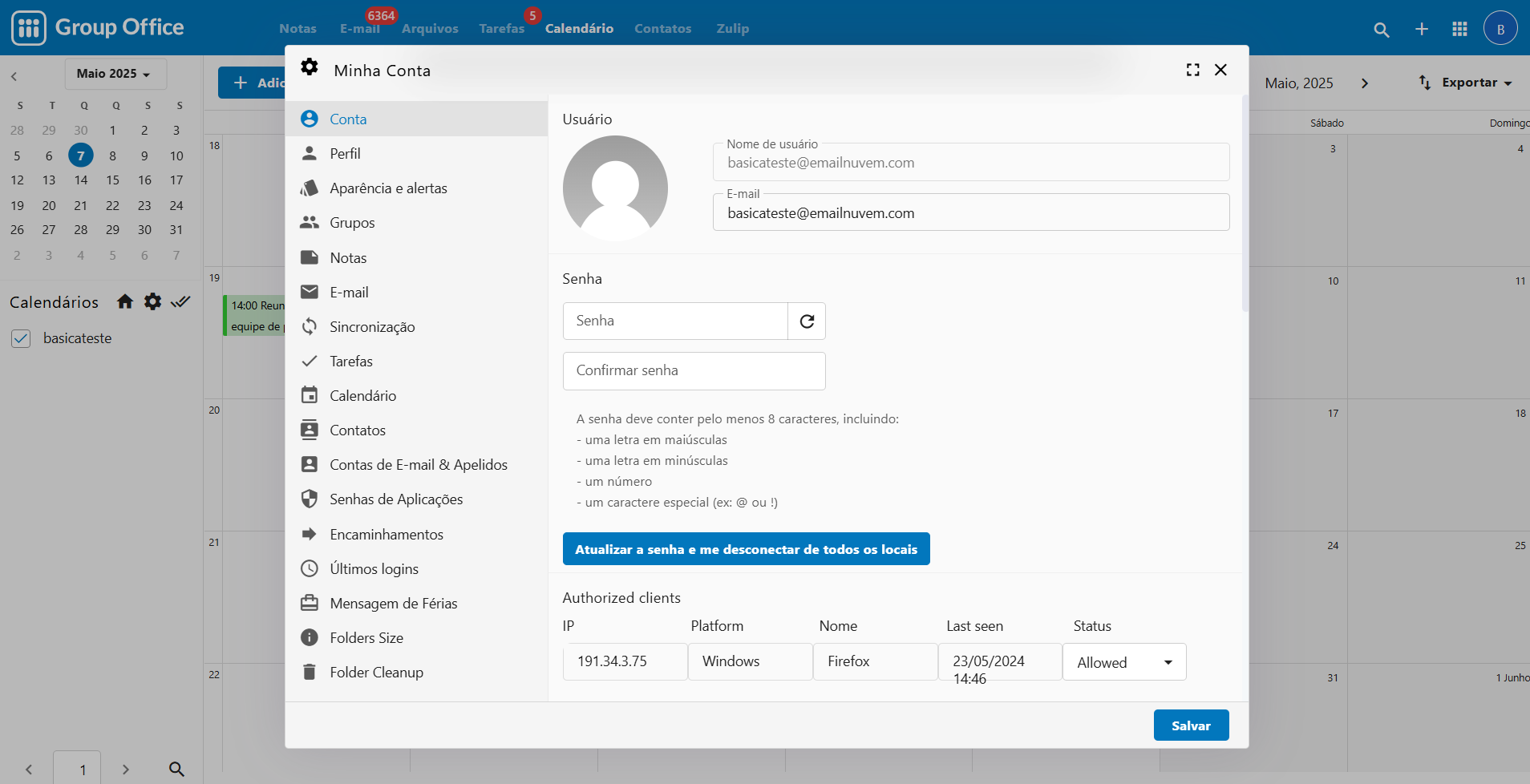 Panel del usuario con configuraciones de cuenta